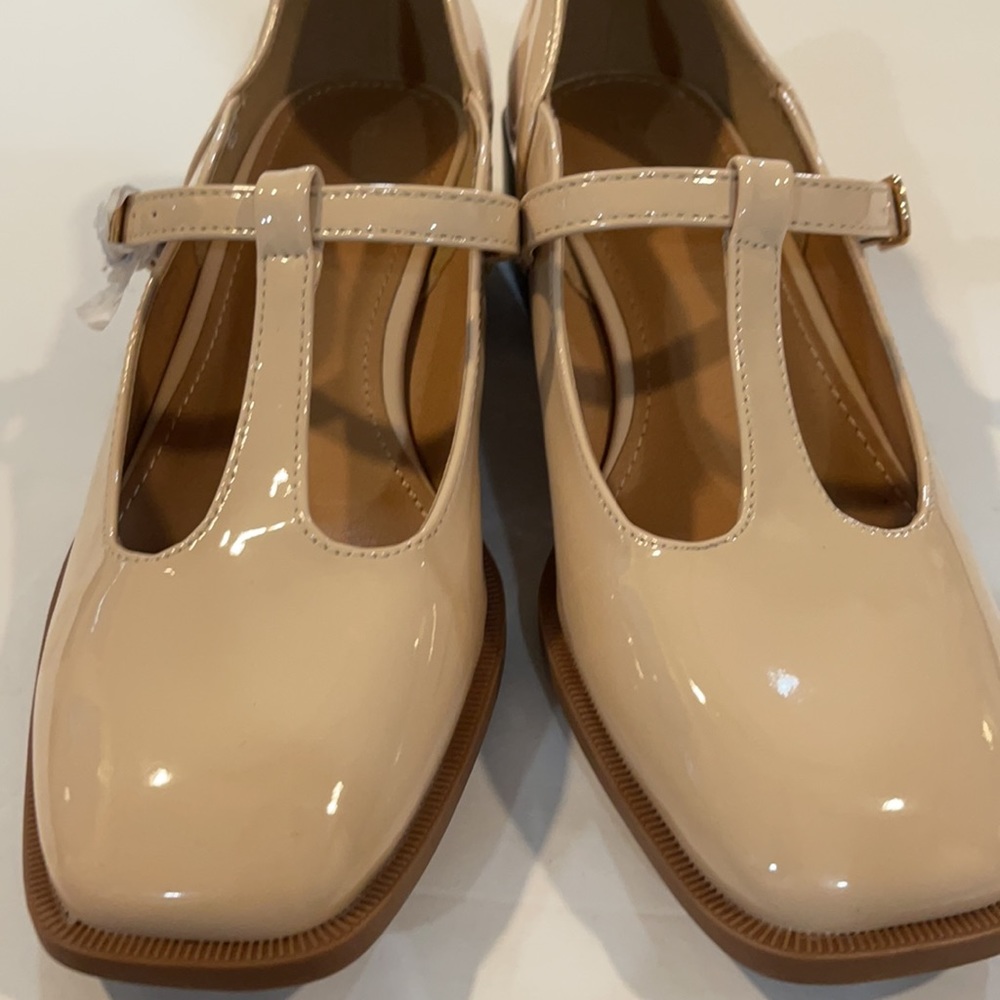 Women Square Toe Pumps T-Strap Block Chunky Heel Mary Jane Ankle Nude size 5.5